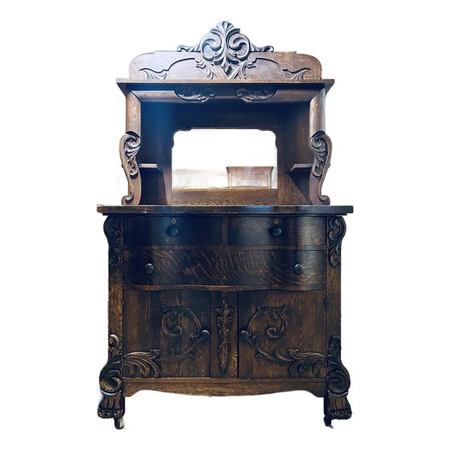 Antique Victorian Carved Tiger Oak Wood Buffet With Mirror For Sale