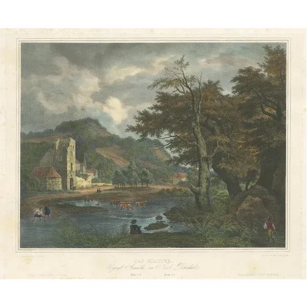Antique print titled 'Das Kloster'. Lithograph, on chine collé, of a landscape with a shepherd and his cattle crossing a...