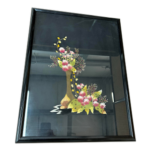 Vintage Asian Needlepoint on Black Silk Hand Made Floral Art Framed 25x19