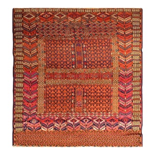 1900s Red Geometric Antique Baluch Turkmen Tekke Ensi Rug 4' 1'' X 4' 6'' Handknotted Wool Carpet For Sale