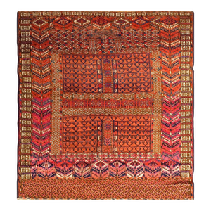 1900s Red Geometric Antique Baluch Turkmen Tekke Ensi Rug 4' 1'' X 4' 6'' Handknotted Wool Carpet