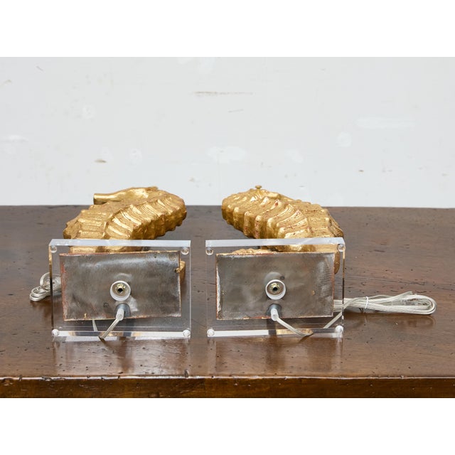 19th Century Gilt Metal Seahorse Table Lamps on Lucite Bases - a Pair For Sale - Image 4 of 7