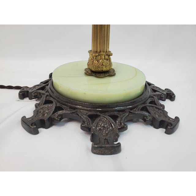 Brass Antique Art Deco Uranium Slag Glass Bridge Arm Floor Lamp - 1920s For Sale - Image 8 of 13