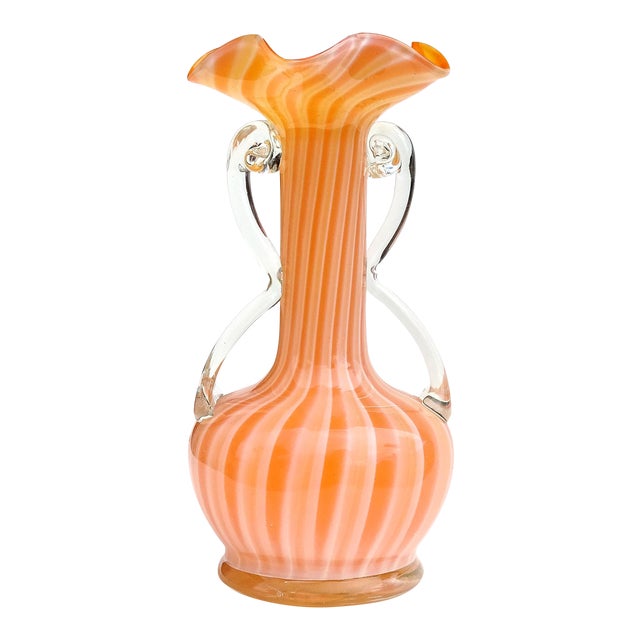 Vintage Tall Orange White Candy Stripes Double Handles Ruffled Rim