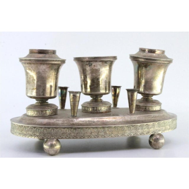 Silver Inkwell with Reservoirs, Pen Holders with Guilloche Friezes and Ball-Shaped Feet, in Very Good conditions. Designed...