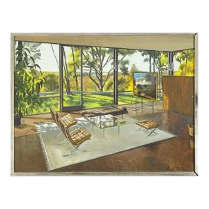 1980s Phillip Johnson the "Glass House" Painting, Framed