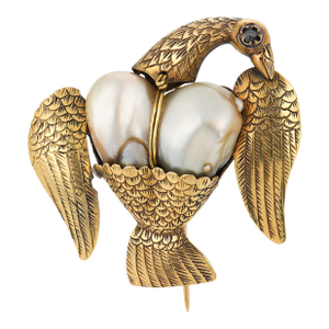 Ealry 20th Century Victorian Pearl Diamond 14k Yellow Gold Bird Brooch
