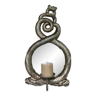 1970s Vintage Entwined Dolphins With Convex Mirror and Pillar Candle Holder Sconce For Sale