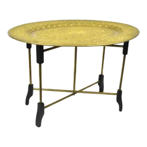 Vintage Moroccan Brass Bird Embossed Oval Folding Small Tray Table
