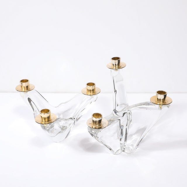 Transparent Pair of Mid-Century Amorphic Crystal & Brass 3 Arm Candelabra Signed Schneider For Sale - Image 8 of 10
