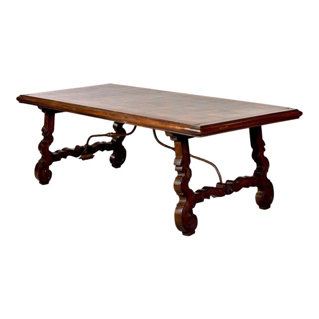 Large 19th C Spanish Walnut Table With Marquetry Top and Iron Stretcher For Sale