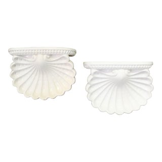 Vintage Ceramic Large White Clamshell Italian Coastal Wall Sconce Shelves- a Pair For Sale