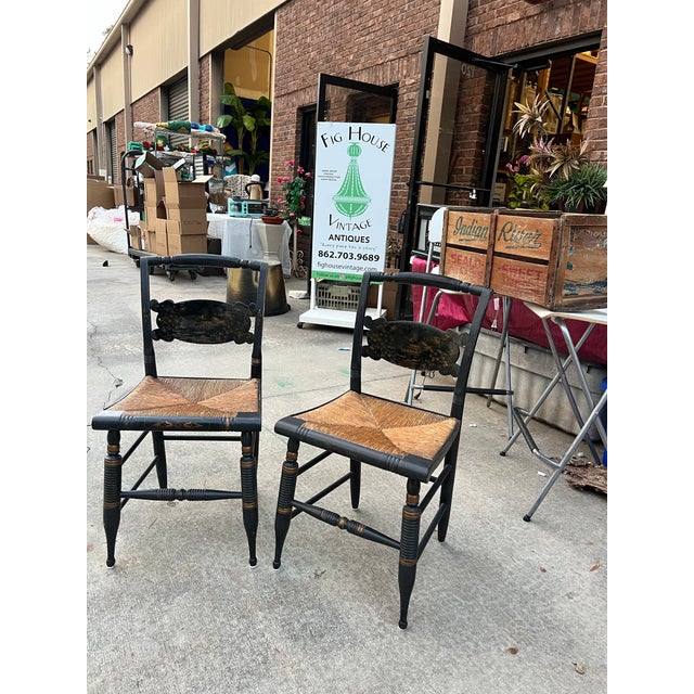 Italian 1970s Pair of Black Wooden Italian Rush Chairs For Sale - Image 3 of 4