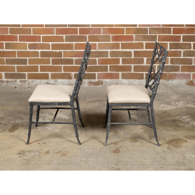 Metal Pair of English Chinese Chippendale Style Midcentury Side Chairs with Upholstery For Sale - Image 7 of 10