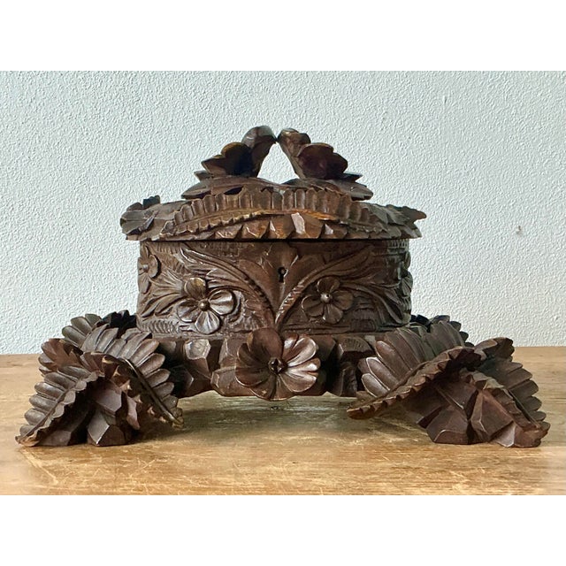 Vintage Boho Black Forest Hand Carved Casket Box For Sale - Image 4 of 12