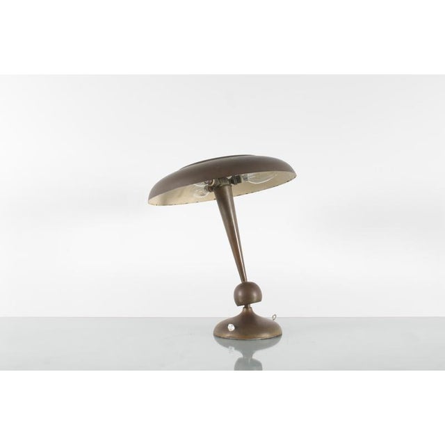 Adjustable ministerial table lamp, model "143" in brass and satin glass, by Oscar Torlasco for Lumi Milano, ca. 1950. Wear...