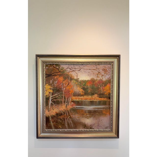 Original oil on canvas landscape painting by New York artist Mary Anna Goetz. The composition features an autumnal...