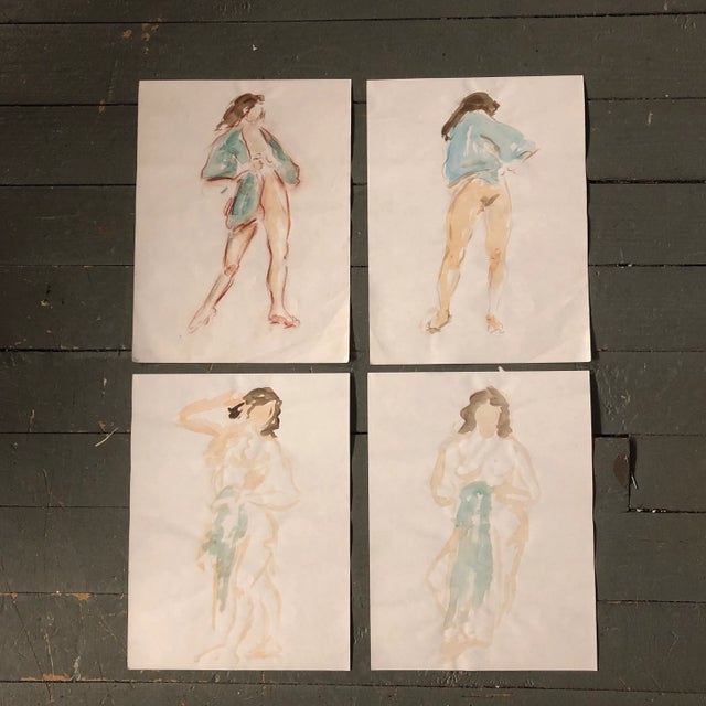 Paper Gallery Wall Collection-4 Original 1970’s Vintage Female Nude Watercolor Study Drawings/Paintings For Sale - Image 7 of 7