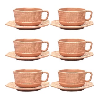 Immaculate Blush Colored Tea Cups & Saucers by Bordallo Pinheiro Portugal - Set of 6 For Sale