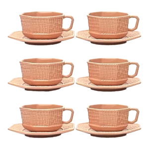 Immaculate Blush Colored Tea Cups & Saucers by Bordallo Pinheiro Portugal - Set of 6