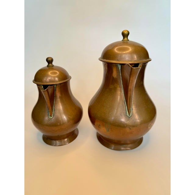 Early 20th Century Antique French Copper & Brass Lidded Pitchers, Set of 2 For Sale - Image 5 of 12