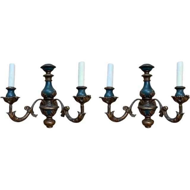 1950s Mid-Century Italian Carved Giltwood Blue Painted Sconces W/ French Styling - Pair For Sale - Image 5 of 5