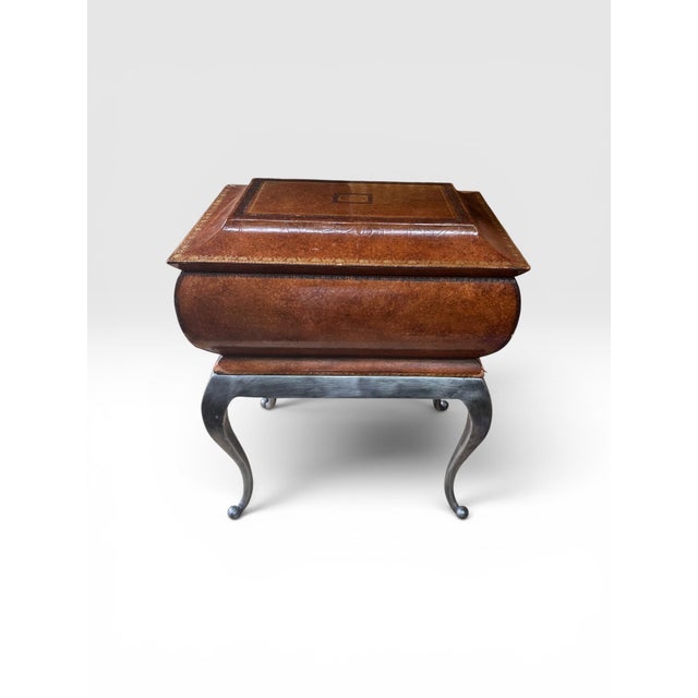 Hollywood Regency 1980s Maitland-Smith Leather Covered Decorative Box on Hand-Forged Iron Stand For Sale - Image 3 of 9