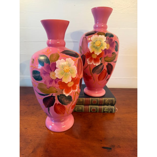 Large, Hand Painted, Pair of Bristol Glass Vases, Late 1800s For Sale In Panama City, FL - Image 6 of 8