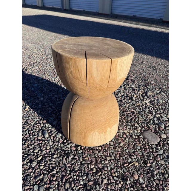 Beautiful hand turned solid white oak hourglass shape side table from Germany. Lovely natural splits on the top and side...