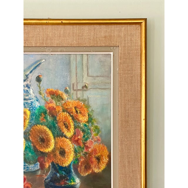 French Mid-Century Floral Still Life in Orange and Blues Oil on Board, Initialed, Dated 1957 For Sale - Image 4 of 13