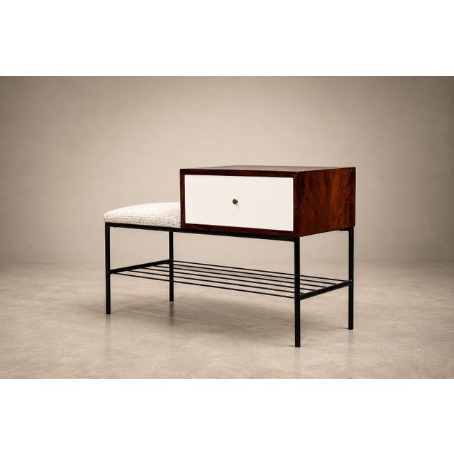 Wood Bench with drawer in Rosewood, Fabric & Metal, Geraldo de Barros, 1950s - Lot 359B For Sale - Image 7 of 17