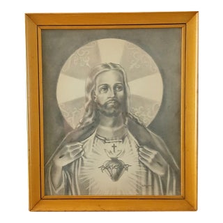 Sacred Heart of Jesus 1953 Charcoal Drawing by Artist/Priest Albert Shimalonis For Sale