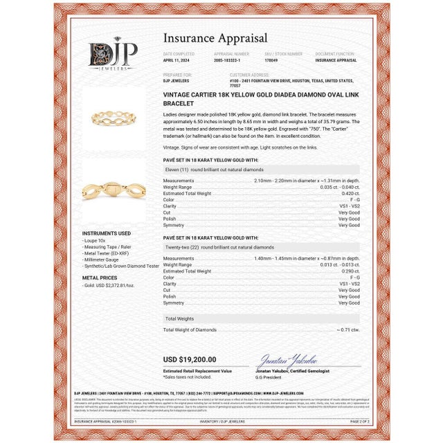 Metal Vintage Cartier 18K Yellow Gold Diadea Diamond Oval Link Bracelet For Sale - Image 7 of 7