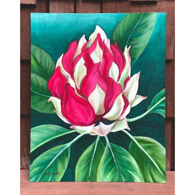 Rhododendron Bud, Oil and Acrylic Original Floral Painting by Kathleen Ney For Sale - Image 4 of 4