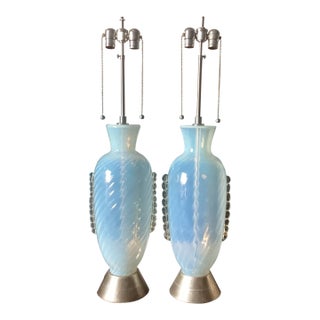 Mid 20th Century Large Pair of Murano Glass Opalescent Glass Table Lamps For Sale