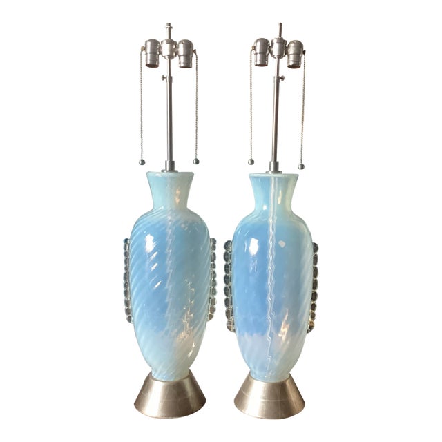 Mid 20th Century Large Pair of Murano Glass Opalescent Glass Table Lamps For Sale