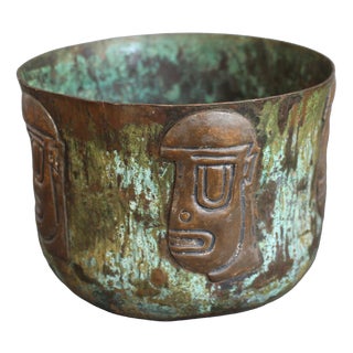 Hammered Copper Cachepot with Ancestral Face Frieze by Graziella Laffi, 1960s-1970s For Sale
