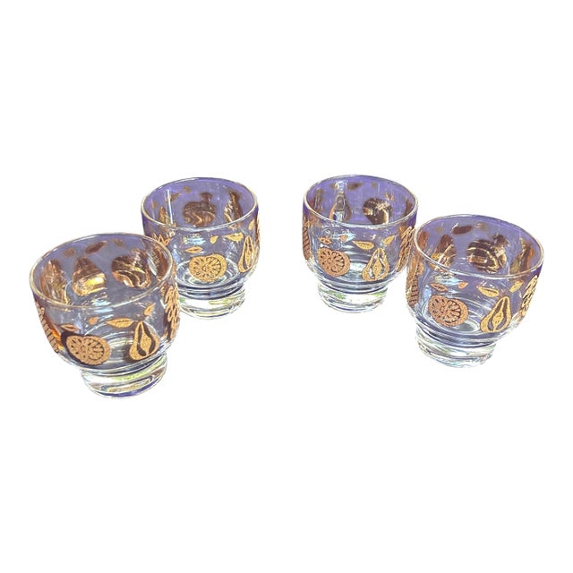 Mid-Century Modern Culver Florentine 22k Gold MCM Fruit Lowball Cocktail Glasses Set of 4 For Sale