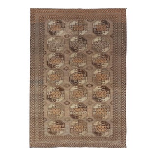 Mid 20th Century Hand-Knotted Vintage Ersari Rug With Gul Design in Brown, Ivory & Almond For Sale