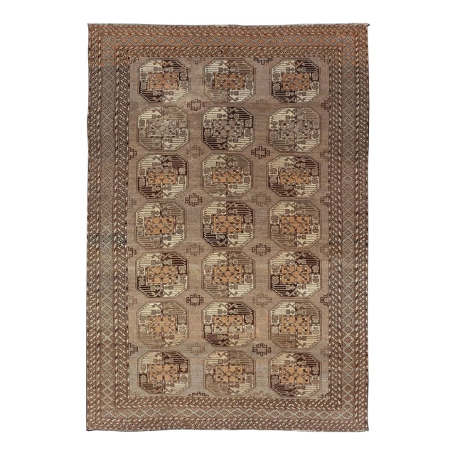Mid 20th Century Hand-Knotted Vintage Ersari Rug With Gul Design in Brown, Ivory & Almond For Sale