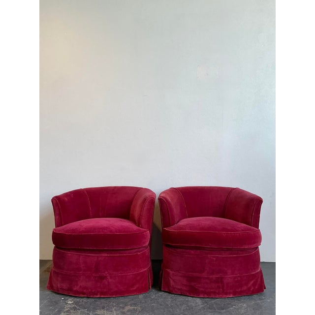 Mid-Century Modern Vintage Custom Red Velvet Swivel Chairs - A Pair For Sale - Image 3 of 12