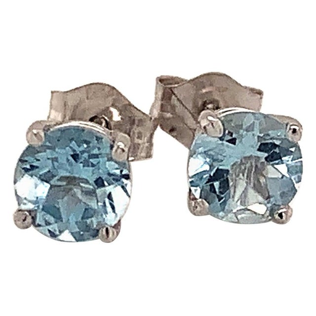 Natural Aquamarine Stud Earrings 14Karat White Gold 1.0 TCW Certified For Sale - Image 4 of 11