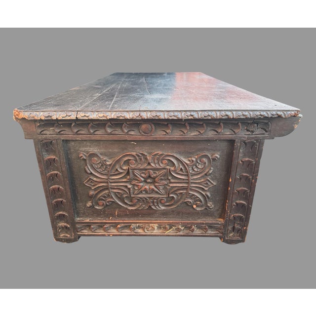 Antique Carved Wood Cassone Blanket Chest Trunk Coffee Table 60” Renaissance For Sale - Image 4 of 10