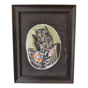 Vintage Kitty Cat Painting Kitten on Quilt