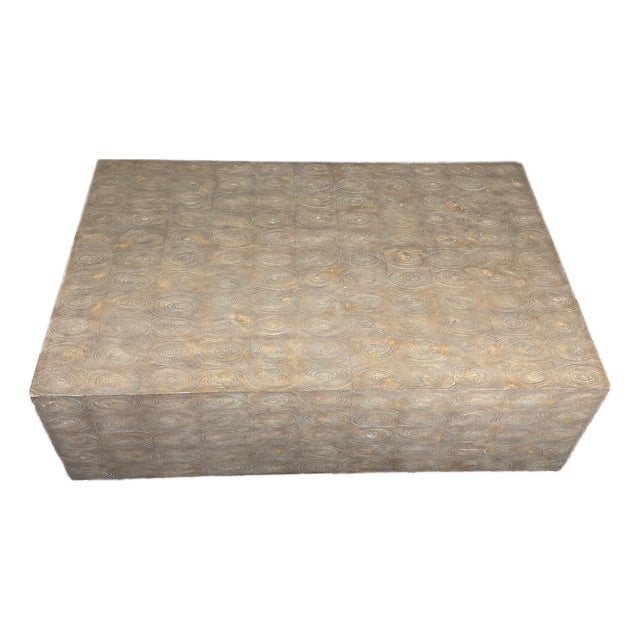 Theodore Alexander Whorlds Away Cube Coffee Table – Bleached Oyster Veneer, Textured Parquetry (Model 5105-349) For Sale