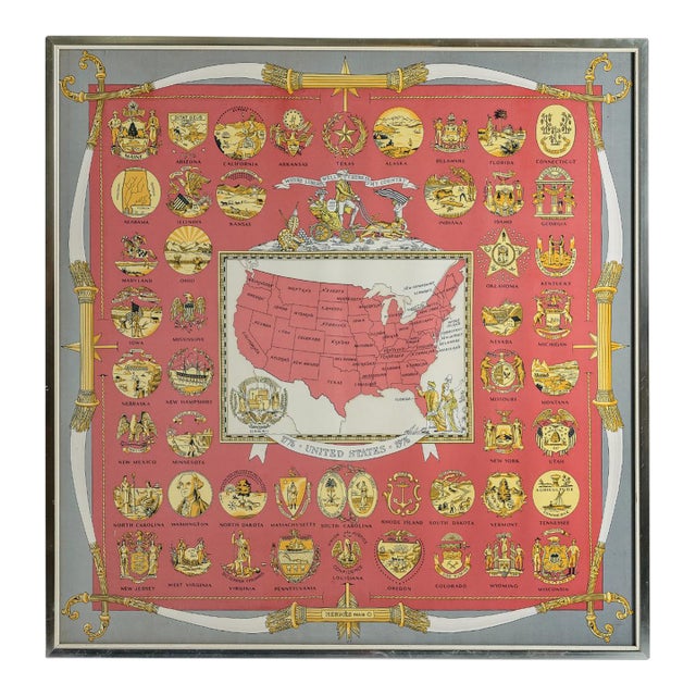 Vintage Framed Hermes Scarf "Arms of the United States" 1776-1976 Bicentennial Edition 90cm For Sale