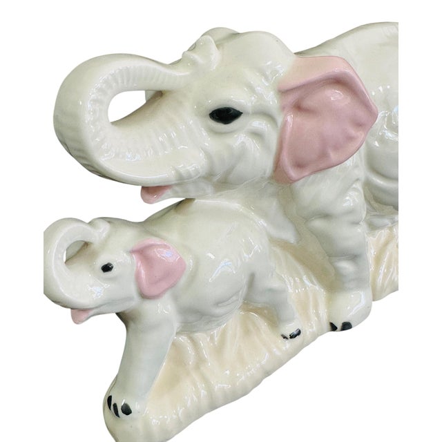 Vintage 1970s Ceramic Elephant Mother & Baby Figurine | Lucky Trunks Up Decor | White & Pink Porcelain Collectible | Mid Century Animal Statue For Sale In Tampa - Image 6 of 11