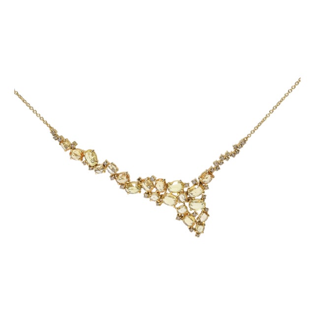 18K Yellow Gold 1/2 Cttw Brown Diamond and Multi-Size Oval Yellow Sapphire Cluster Cascade Station Necklace-Adjustable up to 14" to 16" For Sale
