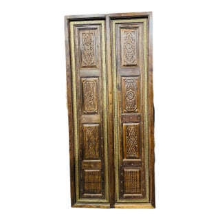 Antique Indian Temple Doors Hand Carved Om Double Doors – Ornate Rustic Wood Entryway 82 For Sale