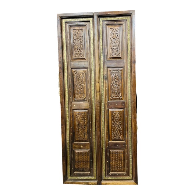 Antique Indian Temple Doors Hand Carved Om Double Doors – Ornate Rustic Wood Entryway 82 For Sale
